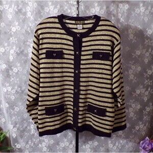 Vintage 90s Stripe Cardigan 1990s Gold & Black Old Money Style Retro Size Medium